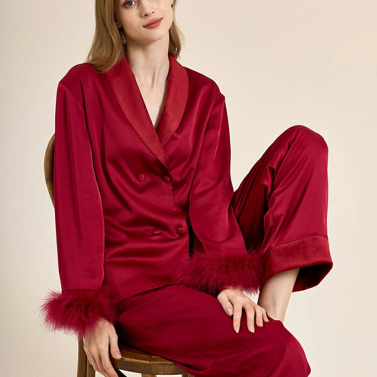 Slessic Two-Piece Satin Sleepwear Set with Fleece Lining for Warmth and Feather Trim Cuffs Double-Breasted Button Down Pajamas for Women Loungewear