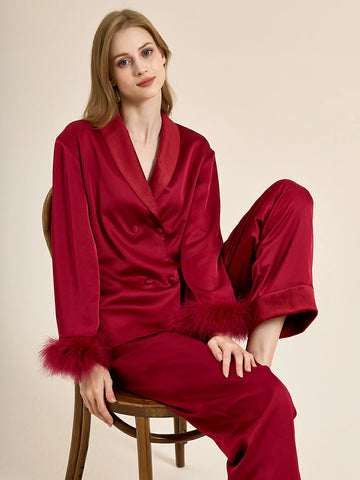 Slessic Two-Piece Satin Sleepwear Set with Fleece Lining for Warmth and Feather Trim Cuffs Double-Breasted Button Down Pajamas for Women Loungewear