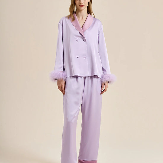 Slessic Two-Piece Satin Sleepwear Set with Fleece Lining for Warmth and Feather Trim Cuffs Double-Breasted Button Down Pajamas for Women Loungewear