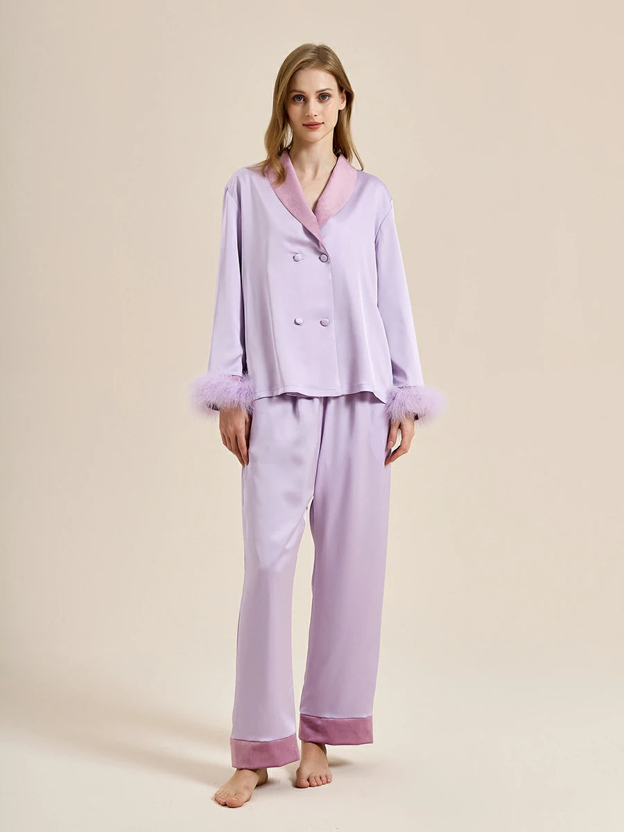 Slessic Two-Piece Satin Sleepwear Set with Fleece Lining for Warmth and Feather Trim Cuffs Double-Breasted Button Down Pajamas for Women Loungewear
