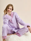 Lavender satin feather trim loungewear pajama set