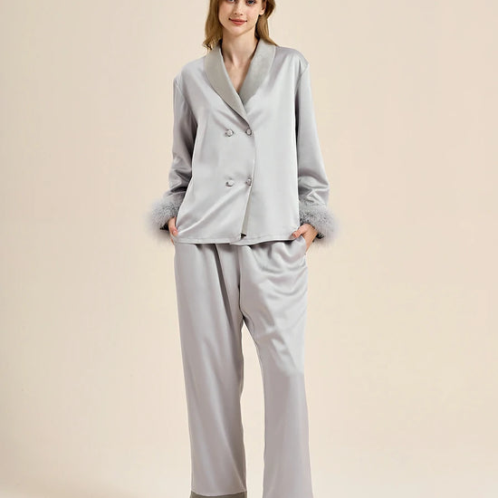 Slessic Two-Piece Satin Sleepwear Set with Fleece Lining for Warmth and Feather Trim Cuffs Double-Breasted Button Down Pajamas for Women Loungewear