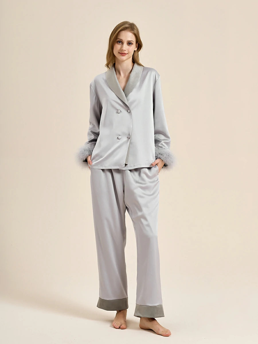 Slessic Two-Piece Satin Sleepwear Set with Fleece Lining for Warmth and Feather Trim Cuffs Double-Breasted Button Down Pajamas for Women Loungewear