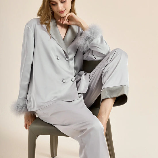 Slessic Two-Piece Satin Sleepwear Set with Fleece Lining for Warmth and Feather Trim Cuffs Double-Breasted Button Down Pajamas for Women Loungewear