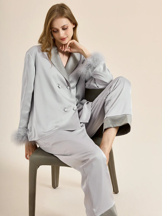 Slessic Two-Piece Satin Sleepwear Set with Fleece Lining for Warmth and Feather Trim Cuffs Double-Breasted Button Down Pajamas for Women Loungewear