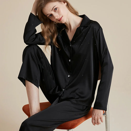 Slessic Classic Elegant Satin Diamond-ironing Rhinestone Button Fancy Long Sleeve Loungewear Nightwear Pajama Set