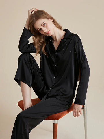 Slessic Classic Elegant Satin Diamond-ironing Rhinestone Button Fancy Long Sleeve Loungewear Nightwear Pajama Set