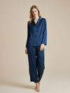 Navy blue satin crystal pajama set with button-front long sleeve top
