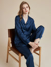 Elegant blue silky pajama set styled with relaxed lounge fit