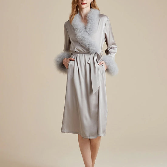 Elegant silver satin lounge robe with soft feather collar details