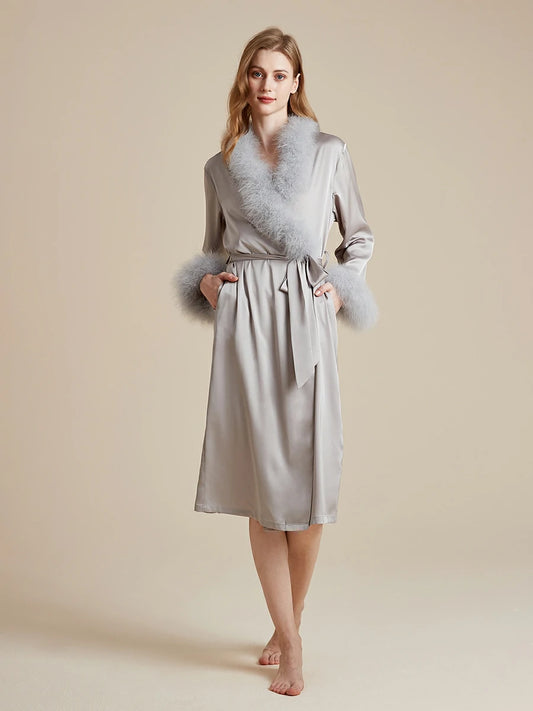 Slessic Satin Dressing Gown with Faux Feather Trimmed Cuffs and Collar Long Sleeve Midi Robe with Belt for Elegant Loungewear and Bridal Morning Prep
