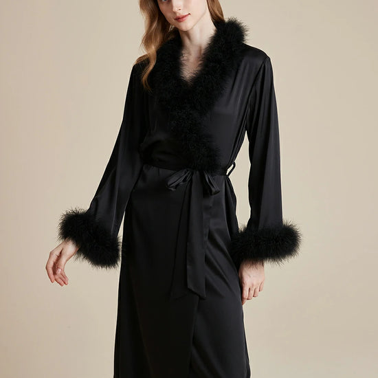 SlesSic black feather trim satin robe with luxury wrap silhouette