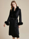SlesSic black feather trim satin robe with luxury wrap silhouette