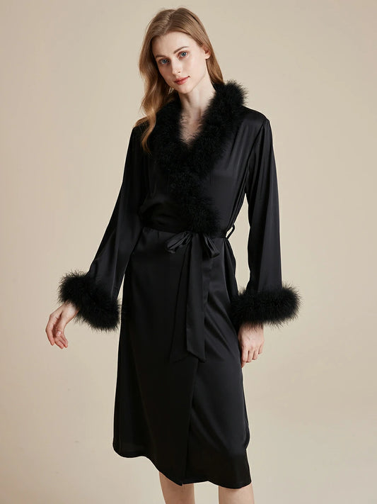 Slessic Satin Dressing Gown with Faux Feather Trimmed Cuffs and Collar Long Sleeve Midi Robe with Belt for Elegant Loungewear and Bridal Morning Prep