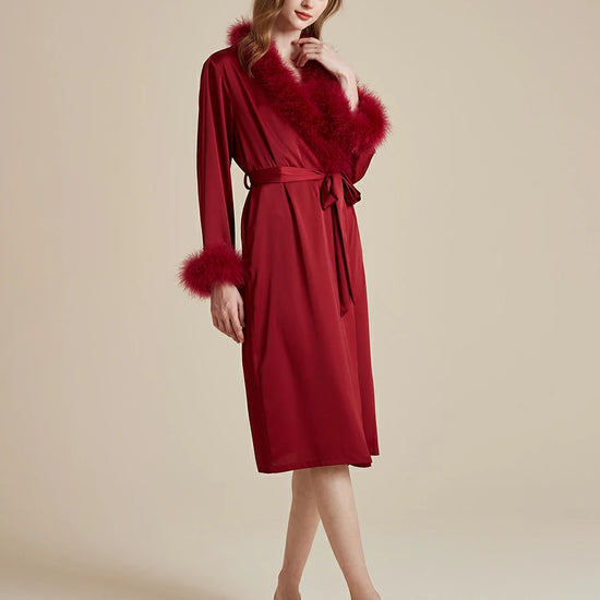 Elegant wine red feather trim satin lounge robe for women