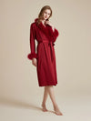 Elegant wine red feather trim satin lounge robe for women