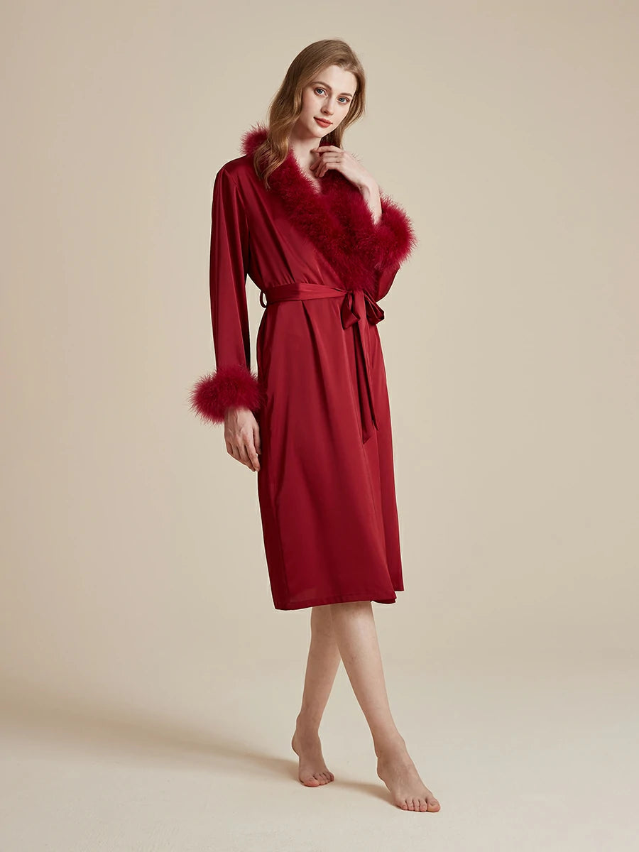Elegant wine red feather trim satin lounge robe for women