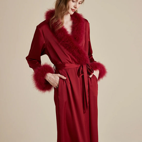 Luxury wine red satin robe with feather trim cuffs