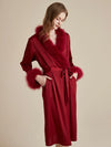 Luxury wine red satin robe with feather trim cuffs
