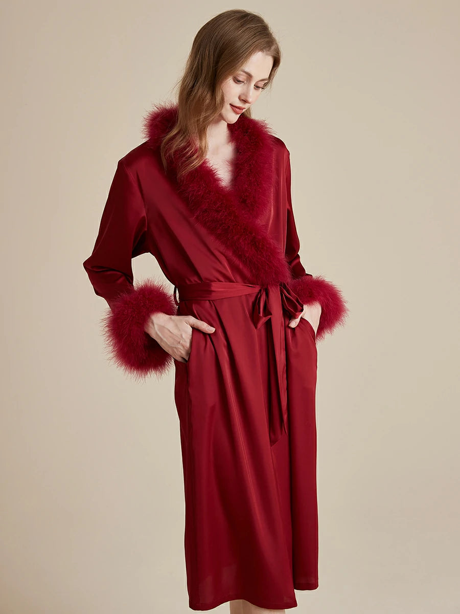 Luxury wine red satin robe with feather trim cuffs