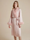 Feminine blush pink satin robe with feather accents