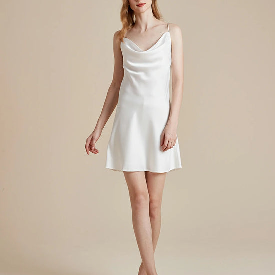 White satin slip nightdress with elegant draped neckline