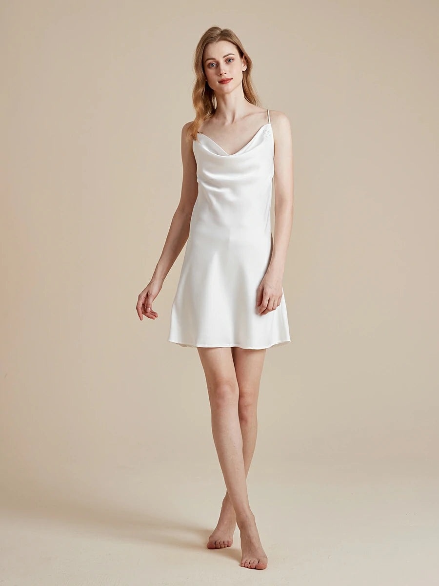 White satin slip nightdress with elegant draped neckline
