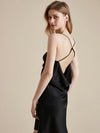 Back view of black satin cowl back slip nightdress with crisscross straps
