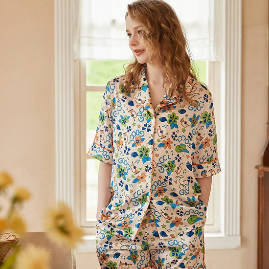 Colorful printed satin lounge set with matching shorts for women