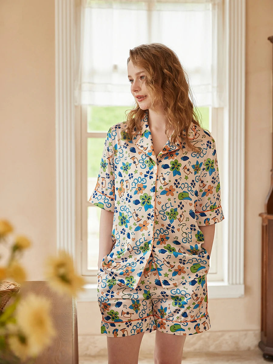 Colorful printed satin lounge set with matching shorts for women