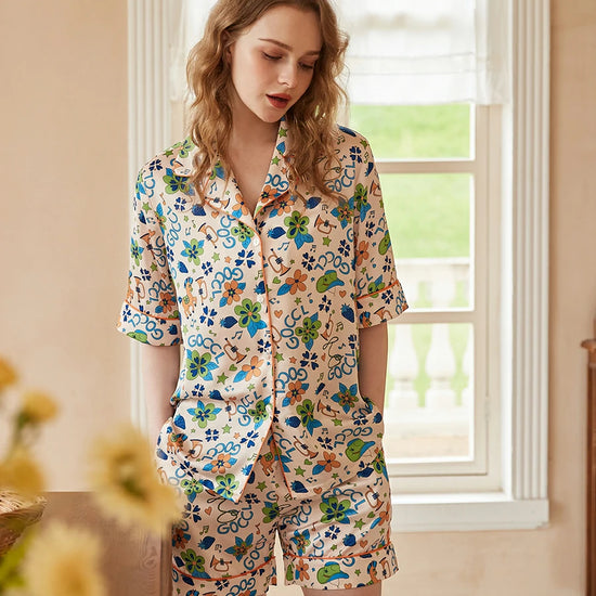 Vintage-inspired floral pajama set with silky lightweight fabric