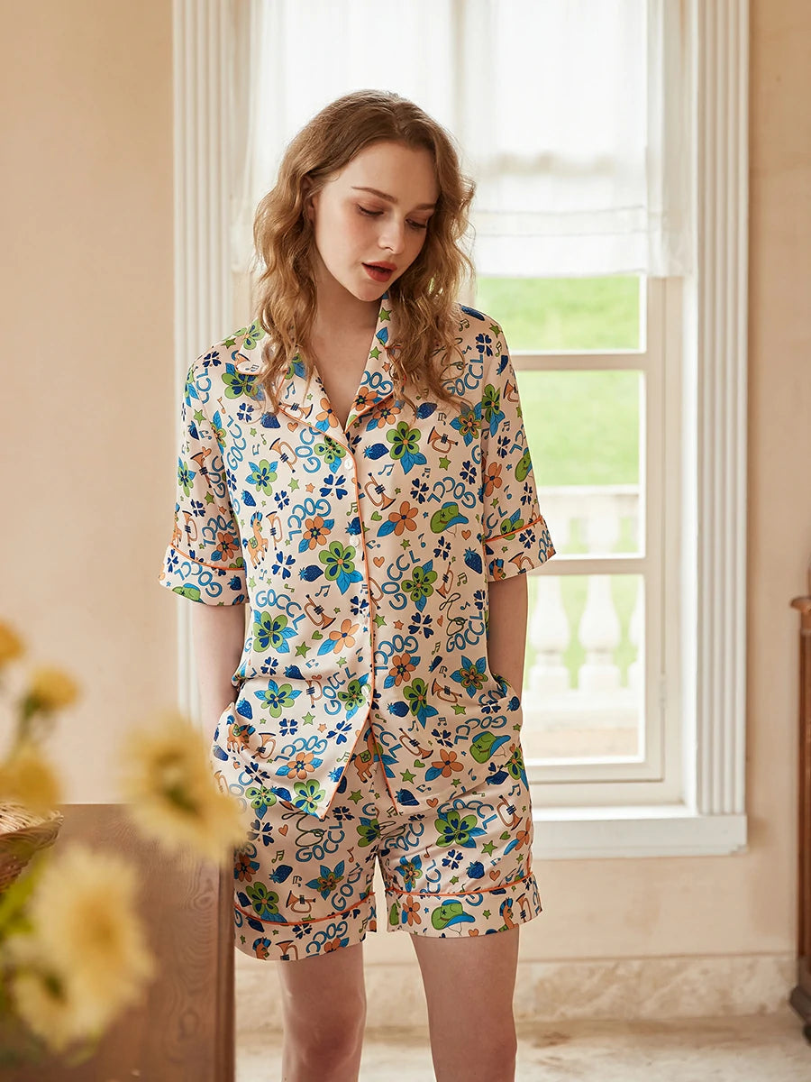 Vintage-inspired floral pajama set with silky lightweight fabric