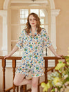 Women's retro floral satin pajama set with short sleeve button-up shirt
