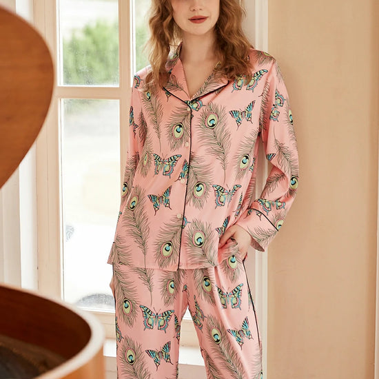 Boutique style satin sleepwear featuring butterfly and feather patterns
