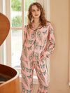 Boutique style satin sleepwear featuring butterfly and feather patterns