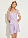 Lavender satin lounge slip dress with minimalist silhouette