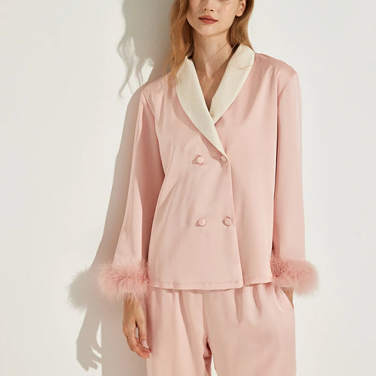 Slessic Two-Piece Satin Sleepwear Set with Fleece Lining for Warmth and Feather Trim Cuffs Double-Breasted Button Down Pajamas for Women Loungewear