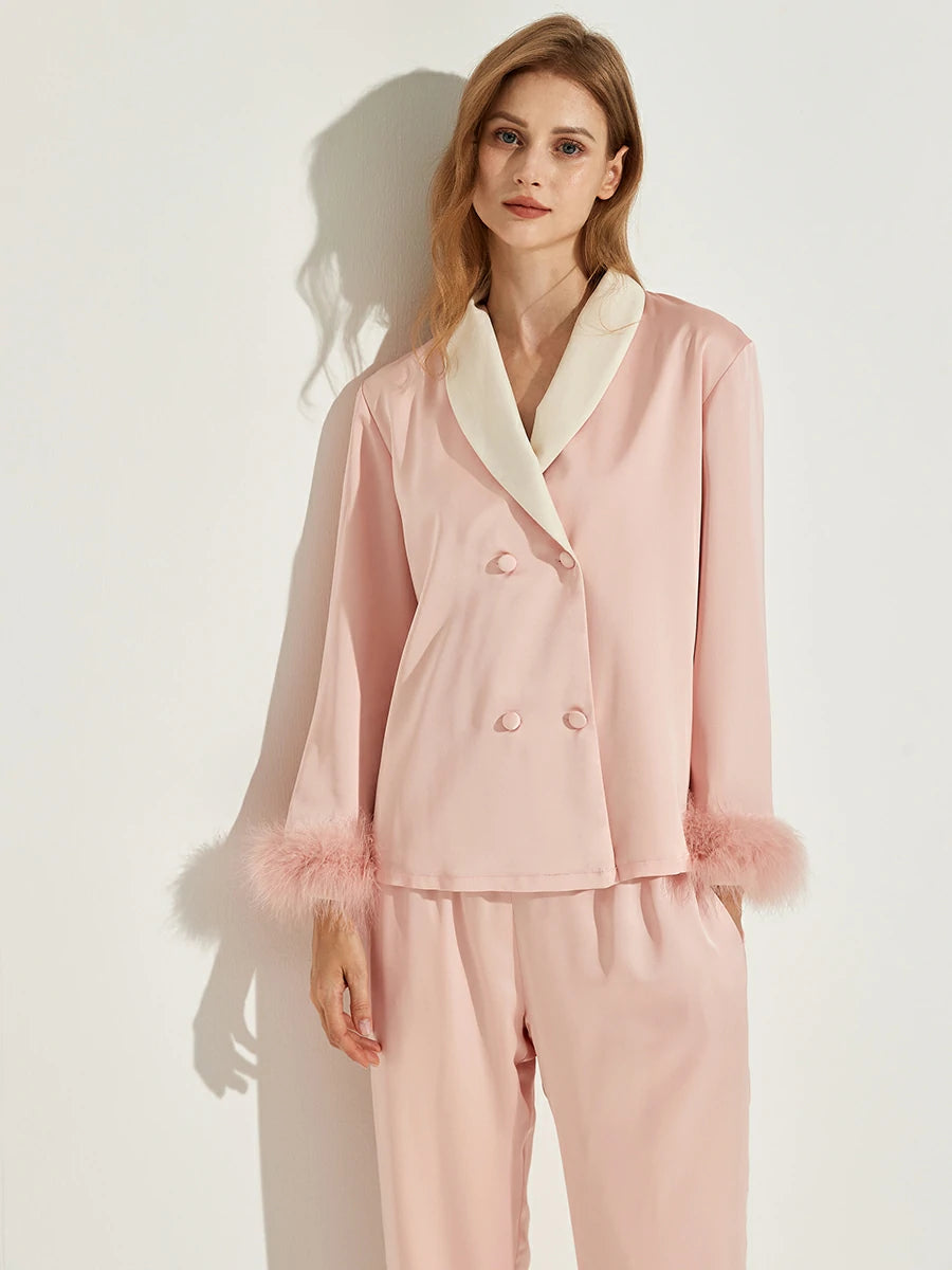 Slessic Two-Piece Satin Sleepwear Set with Fleece Lining for Warmth and Feather Trim Cuffs Double-Breasted Button Down Pajamas for Women Loungewear