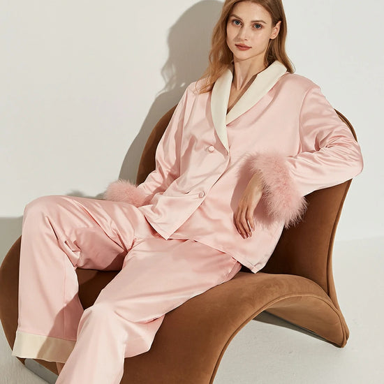 Slessic Two-Piece Satin Sleepwear Set with Fleece Lining for Warmth and Feather Trim Cuffs Double-Breasted Button Down Pajamas for Women Loungewear