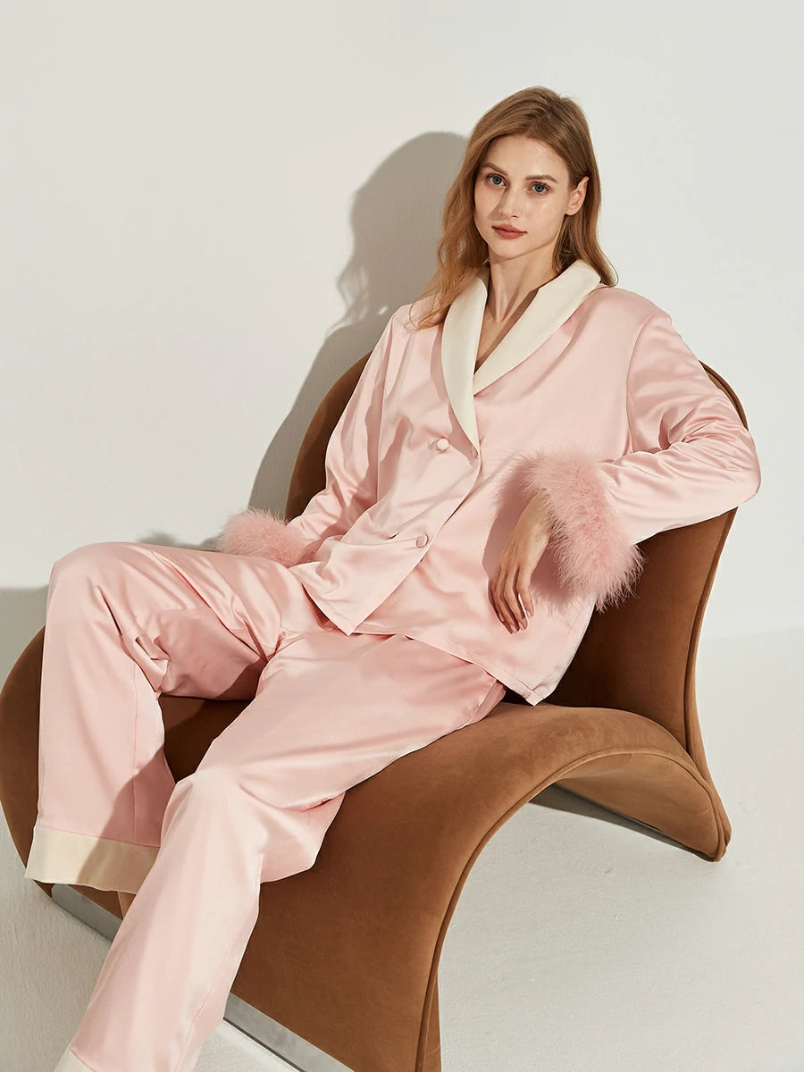 Slessic Two-Piece Satin Sleepwear Set with Fleece Lining for Warmth and Feather Trim Cuffs Double-Breasted Button Down Pajamas for Women Loungewear