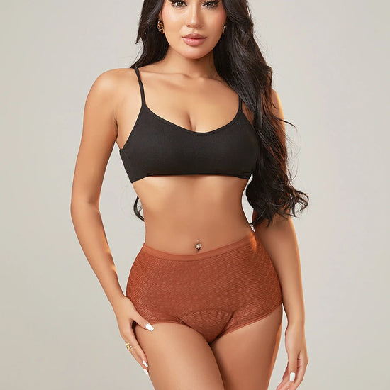 Model wearing textured high-waist leakproof underwear