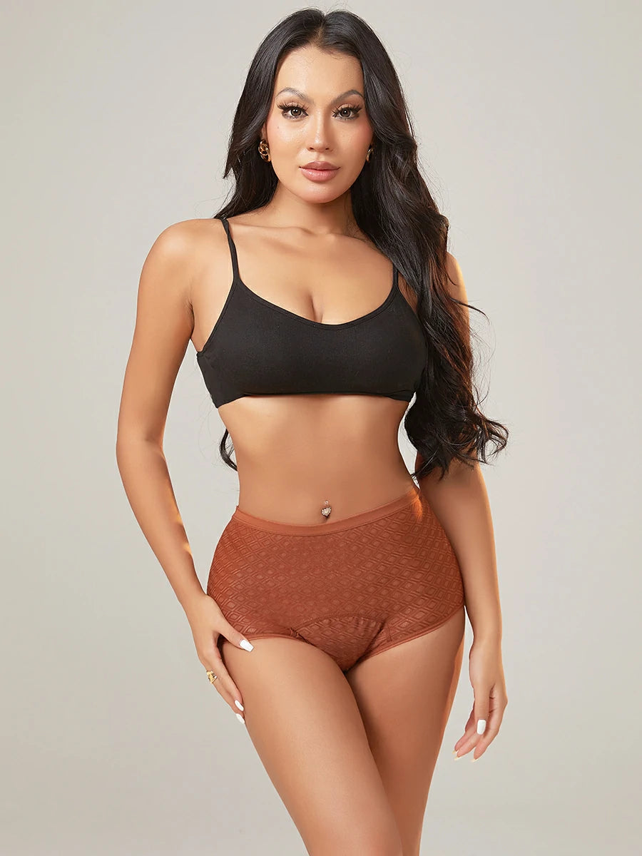 Model wearing textured high-waist leakproof underwear