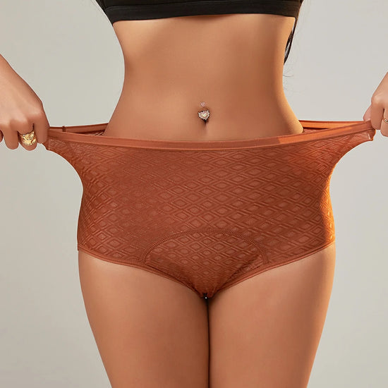 Woman stretching seamless high-waist leakproof period panties in brown