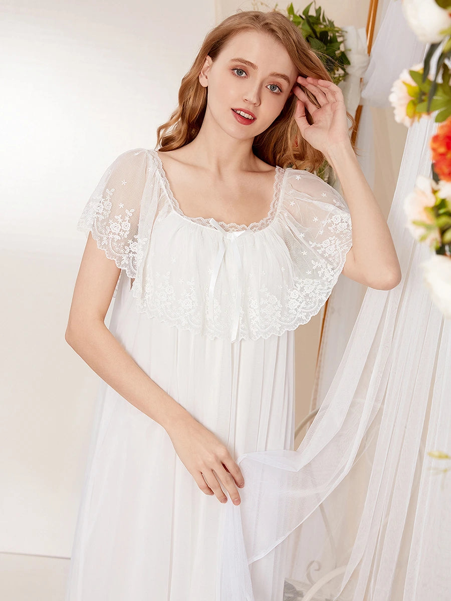 White Vintage Romantic Large See-Through Exquisite Lace Mesh Bow-Knot Two-Layer Nightwear Nightdress