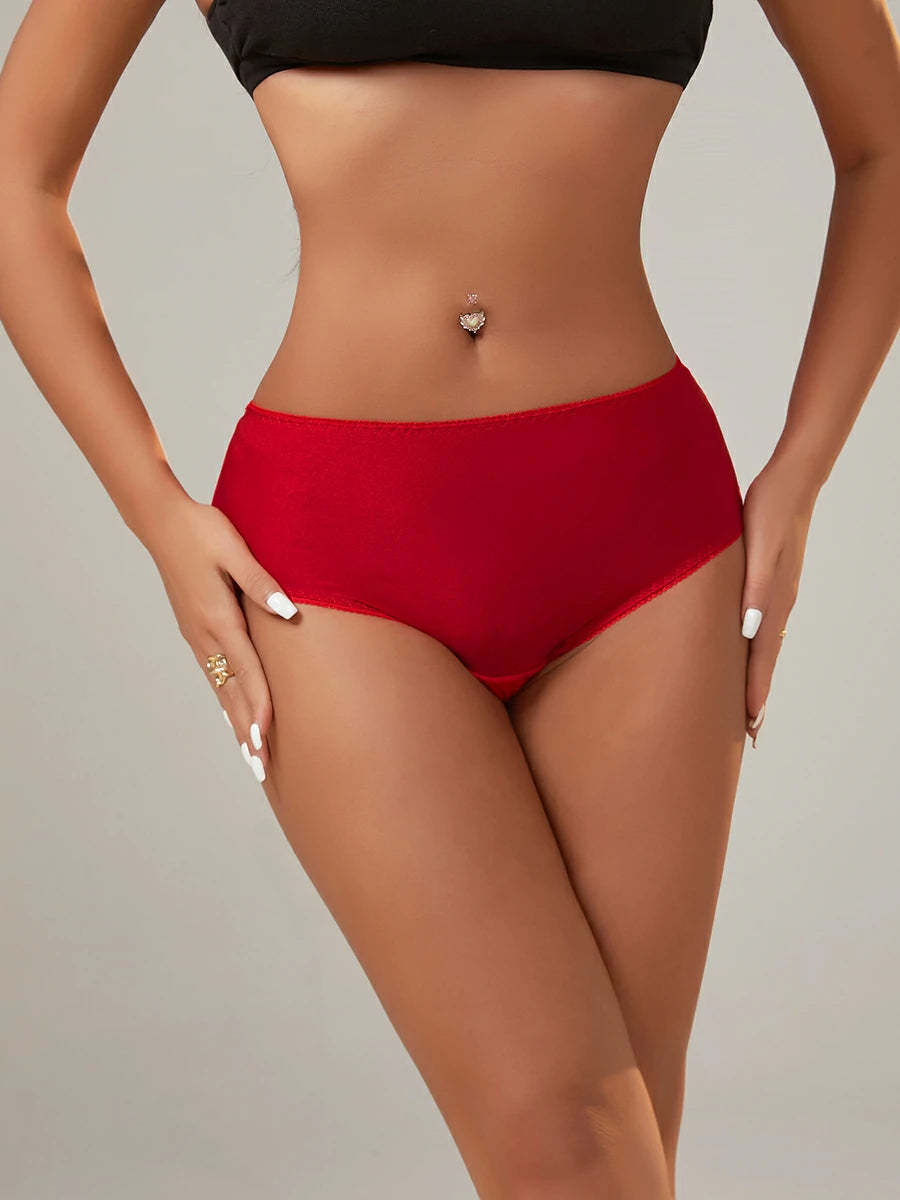 Front view of red soft stretch mesh brief panties