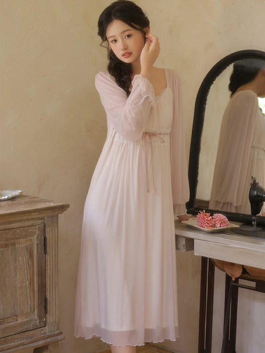 Slessic Vintage Romantic Princess Style Low-Cut Sexy See-through Mesh Exquisite Lace Ribbon Bow Long-Sleeved Nightdress Nightwear Sleepwear