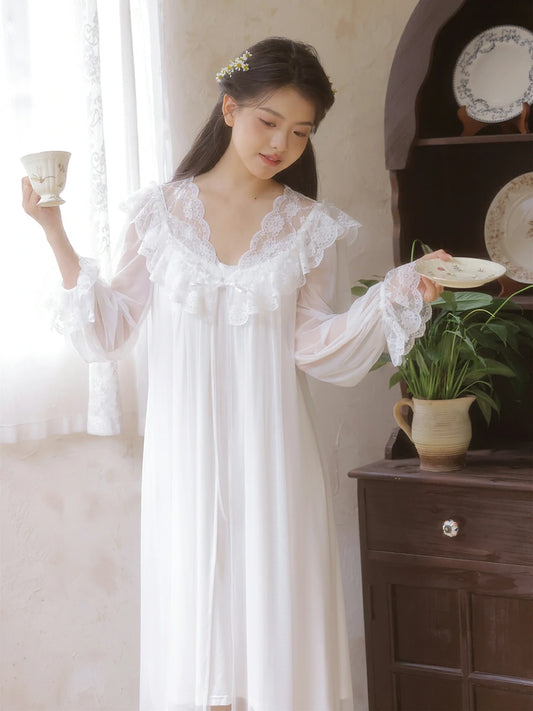 Slessic Vintage French Court Style Romantic Lotus Collar Sheer Mesh Robe Exquisite Lace Embroidered Slip NightdressSet