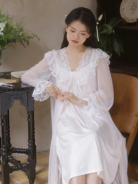 Slessic Vintage French Court Style Romantic Lotus Collar Sheer Mesh Robe Exquisite Lace Embroidered Slip NightdressSet