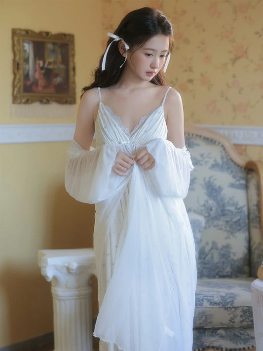 Slessic Vintage French Romantic Palace Style Exquisite Embroidered Slip Long-Sleeved Lace Robe Nightdress Set Sleepwear Nightwear