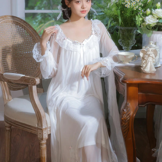 Vintage embroidered viscose nightgown with sheer lace sleeves
